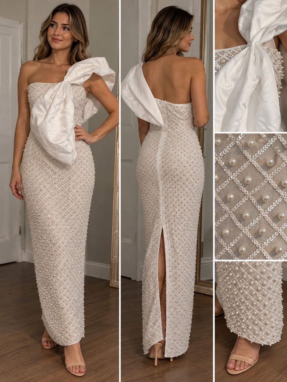CATCHALL One Shoulder Pearl Beaded Maxi Gown Dress Size L NWT